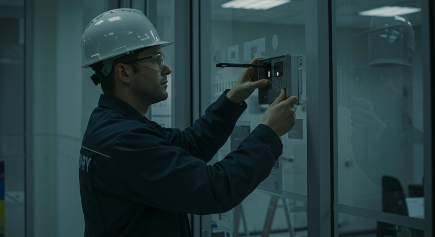 Tecnico che utilizza il pannello di controllo accessi su una porta di vetro.